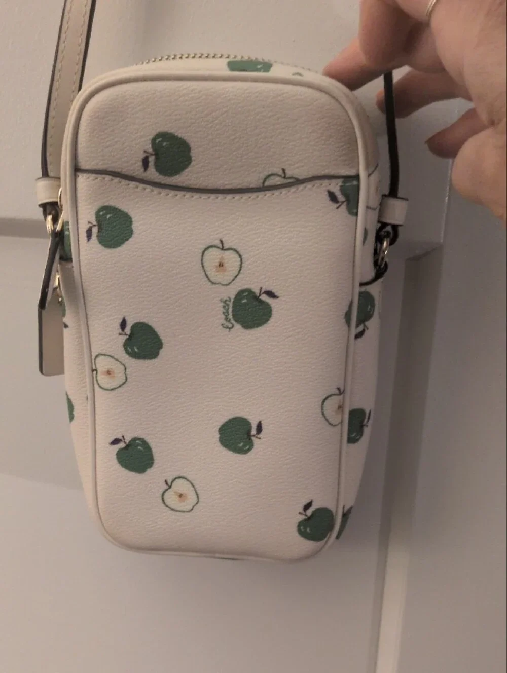 Coach-rare Limited Edition Cream Crossbody Phone Pouch with Green Apple Motif